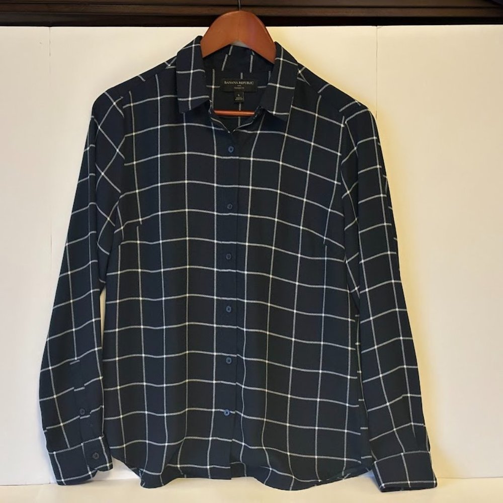 Banana Republic Blouse Navy Blue Windowpane Top Size Small